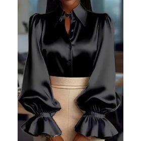 New Stylish Solid-colored Bubble Sleeve Long-sleeve Lapel Satin Shirt For Commuting (Option: Black-S)