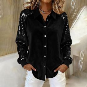 Women's Fashion Sequins Long Sleeve Blouses Casual Solid Long Sleeve Turn-down Collar Button Shirts Top Women Holiday Streetwear Clubwear Clothes (Option: Black-S)