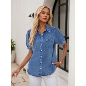 Women's Retro Washed Denim Shirt, Loose Fitting Short Sleeves, Paired With Eye-catching Bubble Sleeves And Sweetheart Collar Retro Button Up Top, (Option: S)