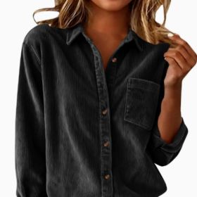 Corduroy Casual Loose Thick Shirt With Striped Turn-Down Collar And Long Sleeves (Option: Black-S)