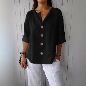 Loose-fit Women's V-neck Cotton-Linen Button T-shirt Top (Option: Black-S)