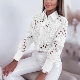 Versatile Commuter Lace Hollow-out Long Sleeve Shirt For Women (Option: White-S)