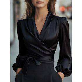 Womens Solid-Color V-Neck Elegant Satin-Bonded Shirt (Option: Black-S)