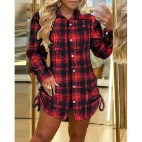 Two-side Drawstring Plaid Shirt Dress Women's Clothing (Option: Red Plaid-S)